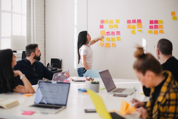A software team collaborating at a whiteboard